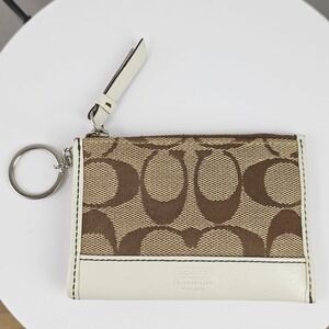 Coach Signature Canvas Mini Skinny ID Case Brown White Leather Key Ring Wallet